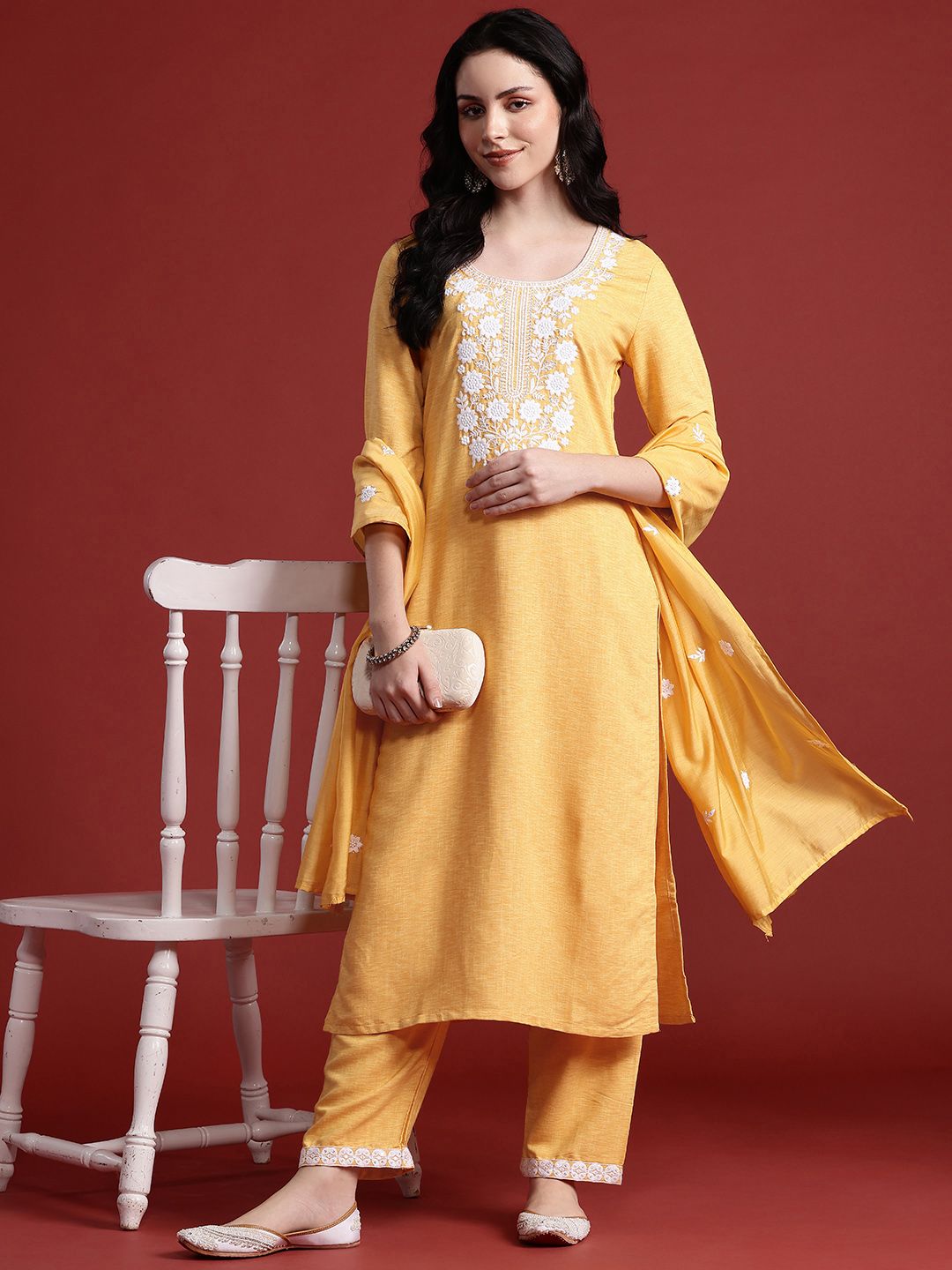 Anouk Yoke Design Regular Sequinned Kurta with Trousers &  Dupatta