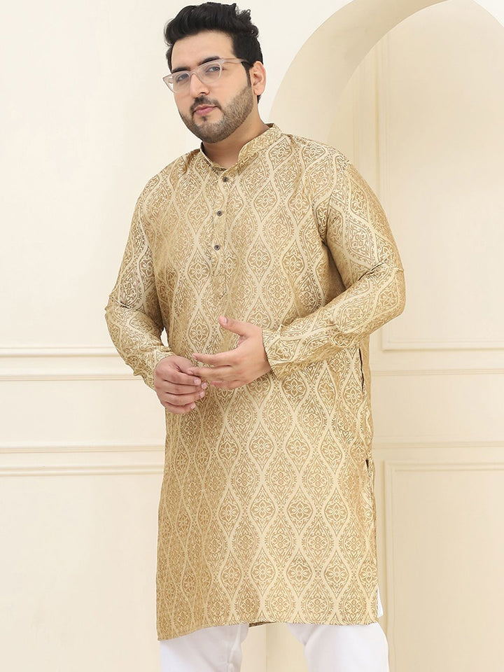 SOJANYA PLUS Men Beige & Golden Jacquard Silk Woven Design Straight Kurta
