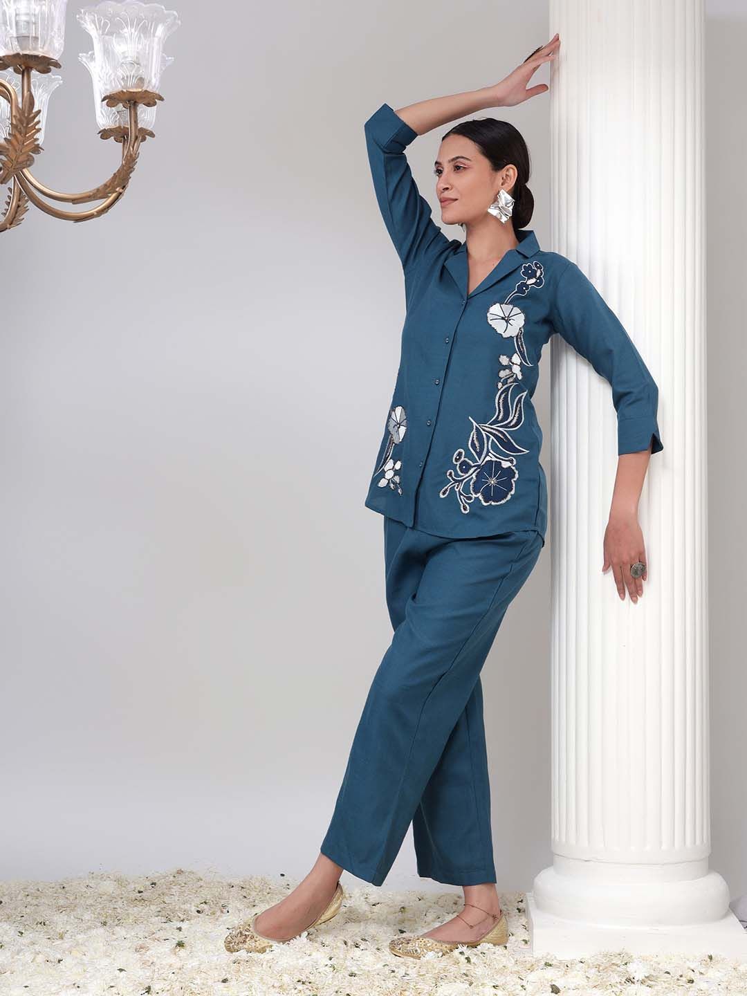 Bani Women Floral Embroidered Shirt & Palazzos Set