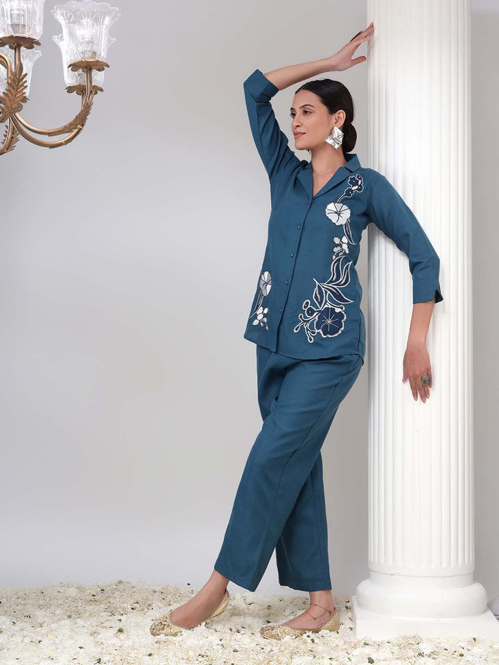 Bani Women Floral Embroidered Shirt & Palazzos Set