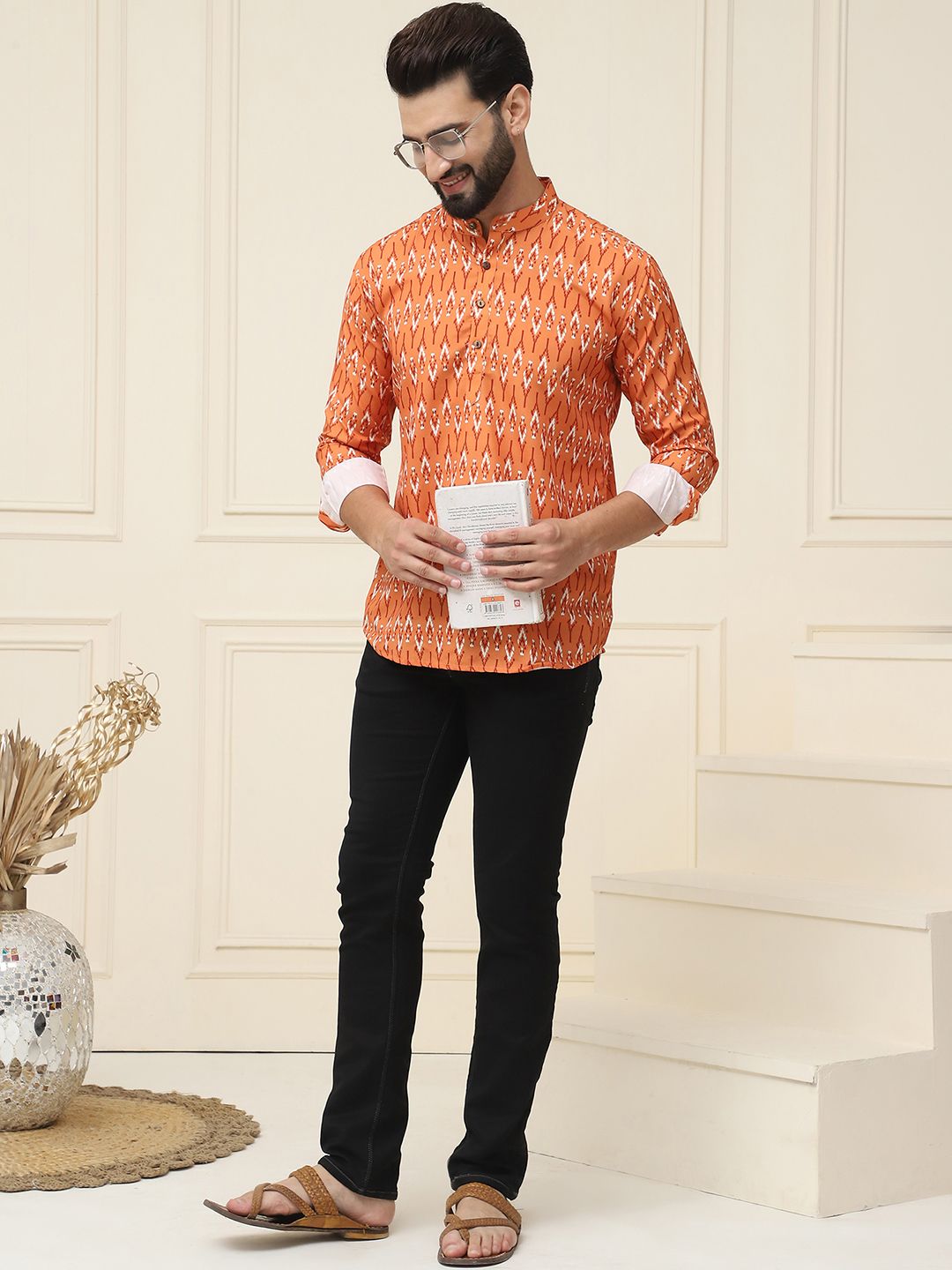SOJANYA Lelaki Mustard Motif Etnik Kuning Bercetak Kurta