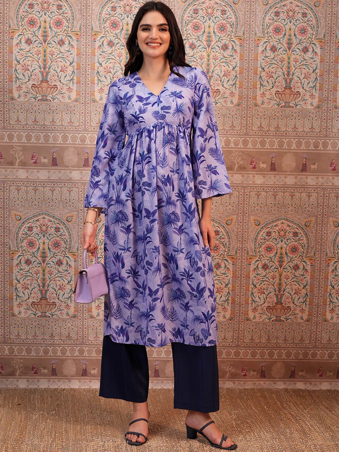 Vishudh Lavender Floral Printed A-Line Kurta