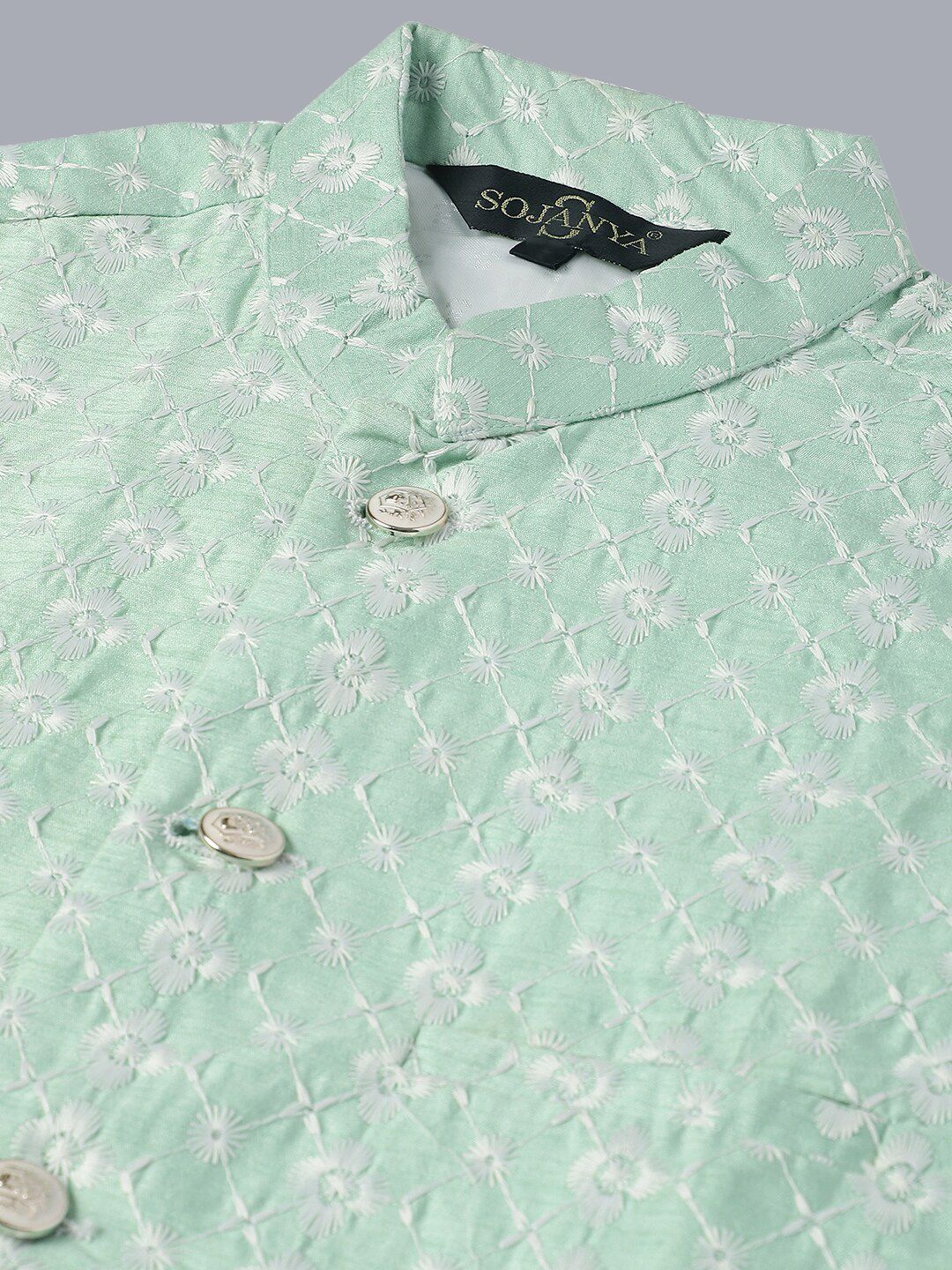 SOJANYA Kurta Kapas Tulen Sulaman Bunga Dengan Jaket Churidar & Nehru