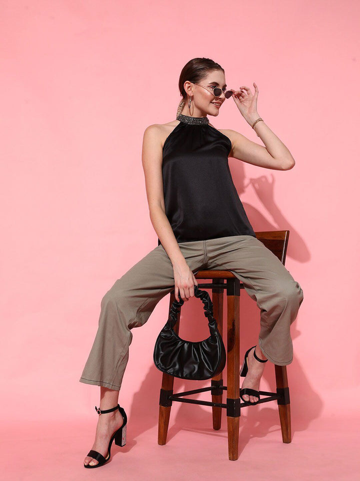 STREET 9 Women Black Embellished Halter Neck Top