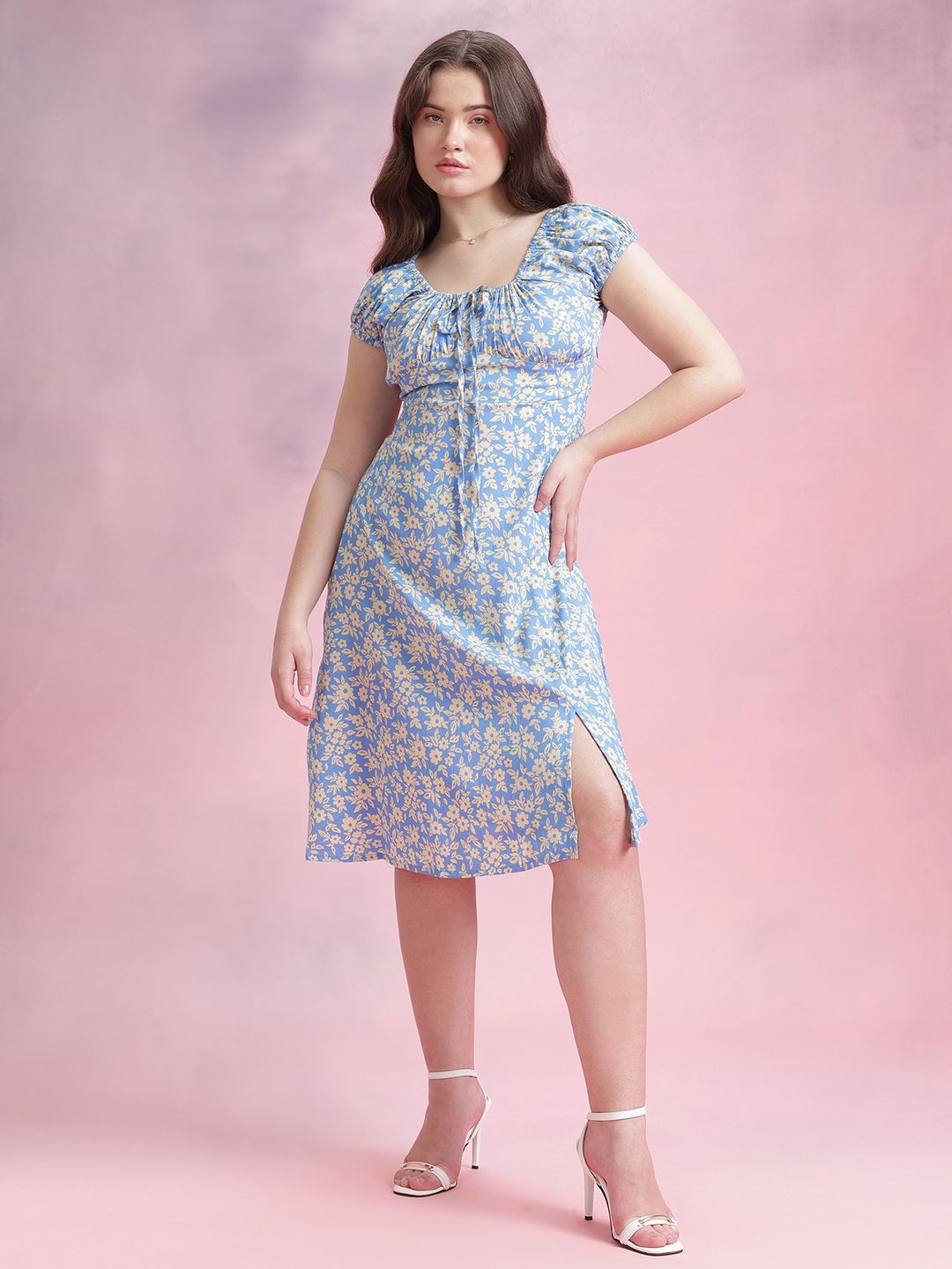 DressBerry Floral Print Gathered Detail Tie-Up Neck A-Line Dress with Side Slit