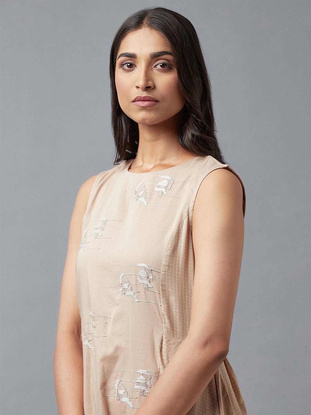 W Beige Ethnic Motifs A-Line Midi Dress