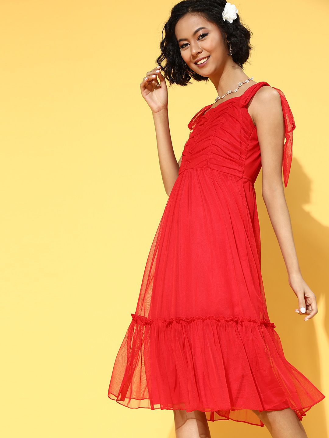 Athena Women Chic Red Solid Tiered Dress