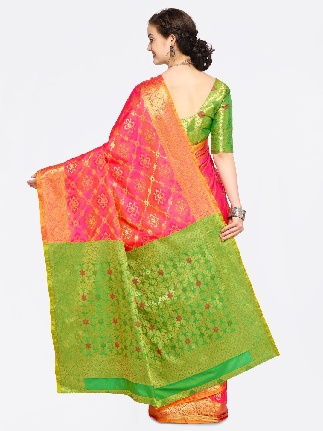 Saree mall Pink Silk Blend Woven Design Kanjeevaram Saree