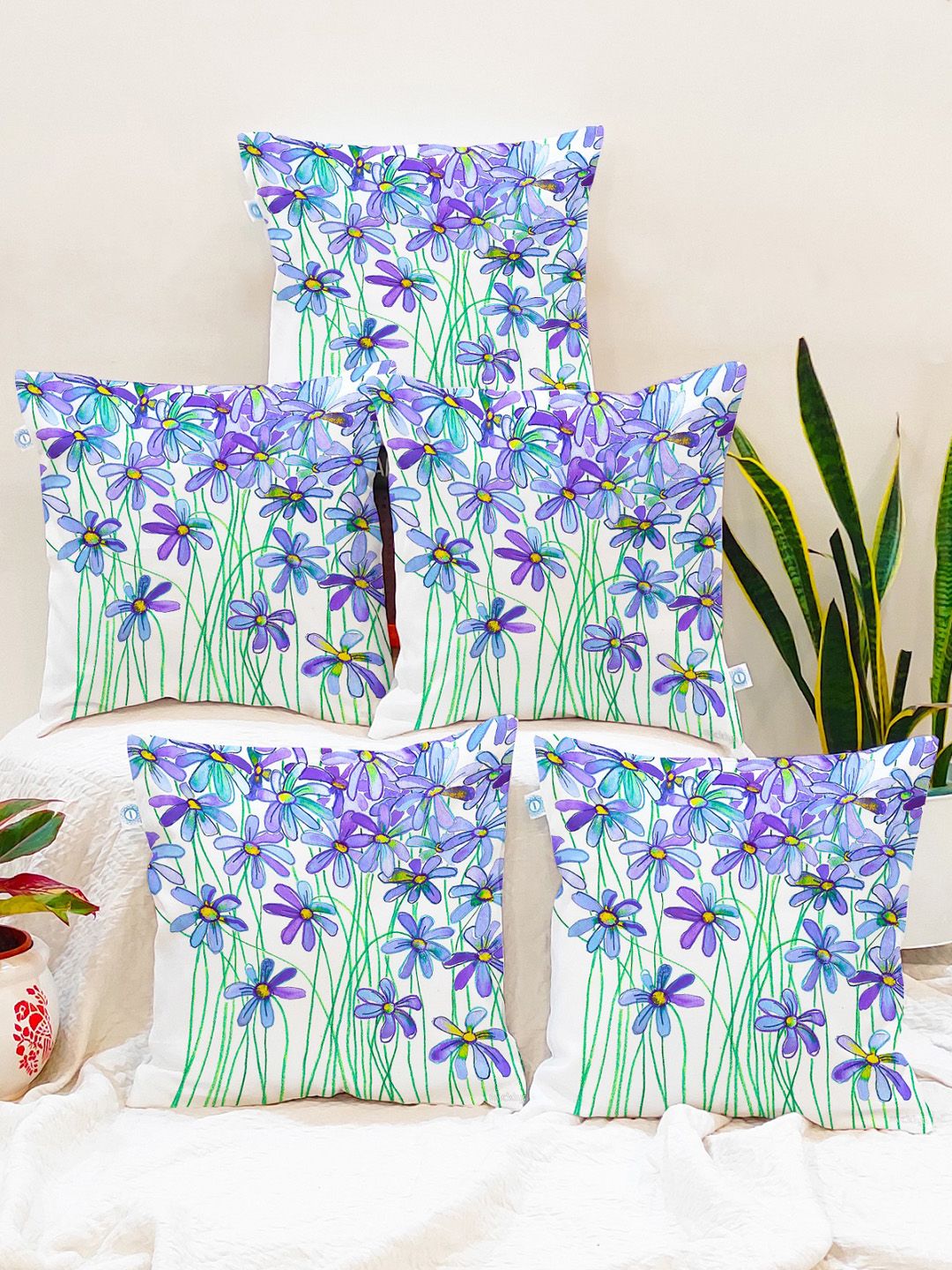 STITCHNEST Pack Of 5 Blue Floral Printed Square Cushion Cover