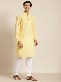 SOJANYA Kurta Kapas Tulen Chikankari Kuning Lelaki dengan Jaket Churidar & Nehru