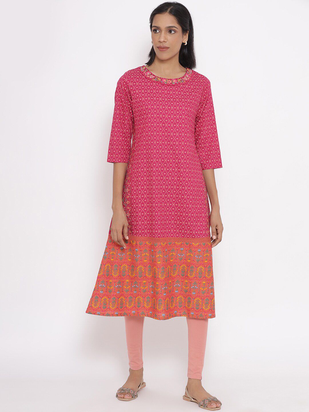 W Women Pink Ethnic Motifs Printed A-Line Kurta