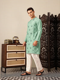 House of Pataudi Floral Thread Work Mandarin Collar Jashn Kurta with Trousers