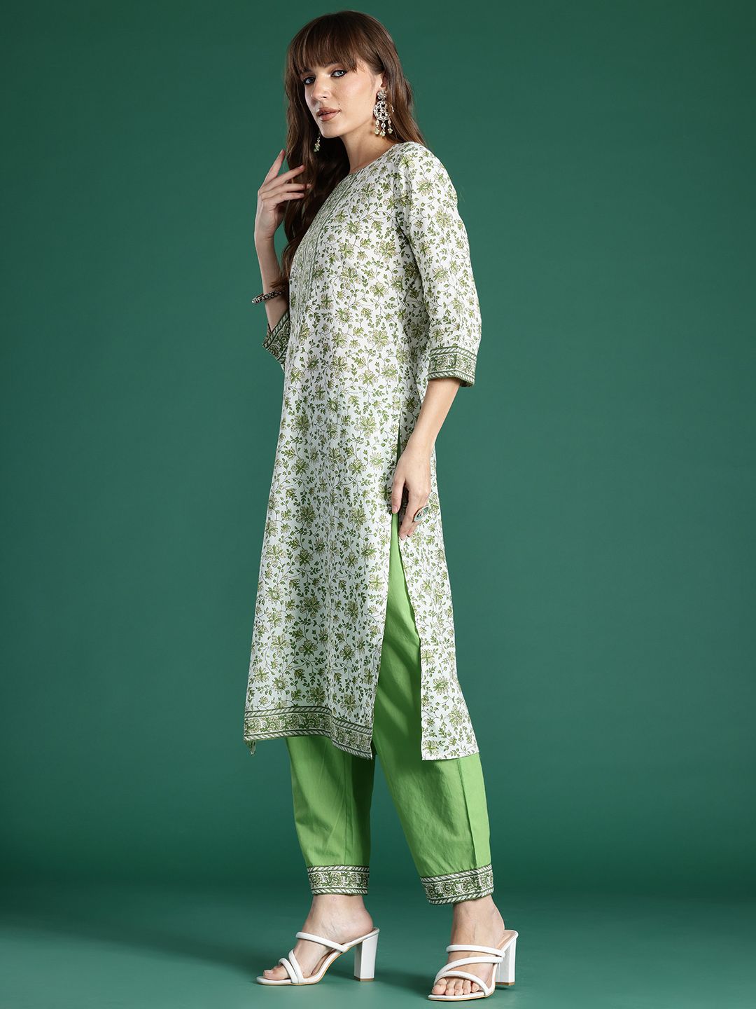 Indo Era Women Floral Printed Pure Cotton Kurta with Trousers & With Dupatta