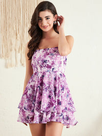 Berrylush White & Purple Floral Printed Layered Playsuit