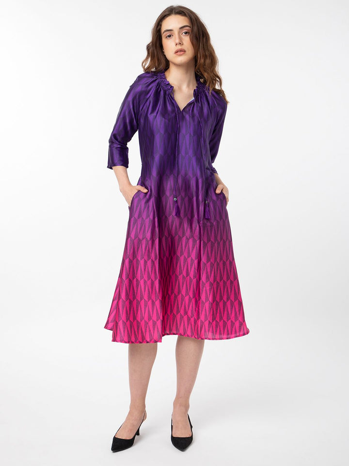 Rareism Abstract Printed Tie -Up Belted Neck A -Line Dress