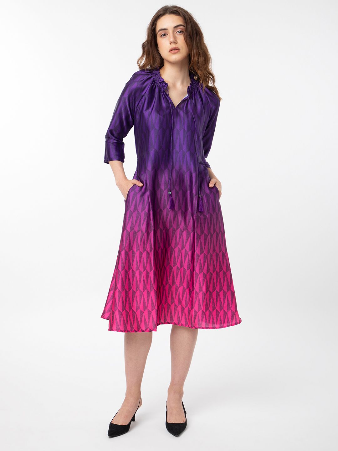 Rareism Abstract Printed Tie -Up Belted Neck A -Line Dress