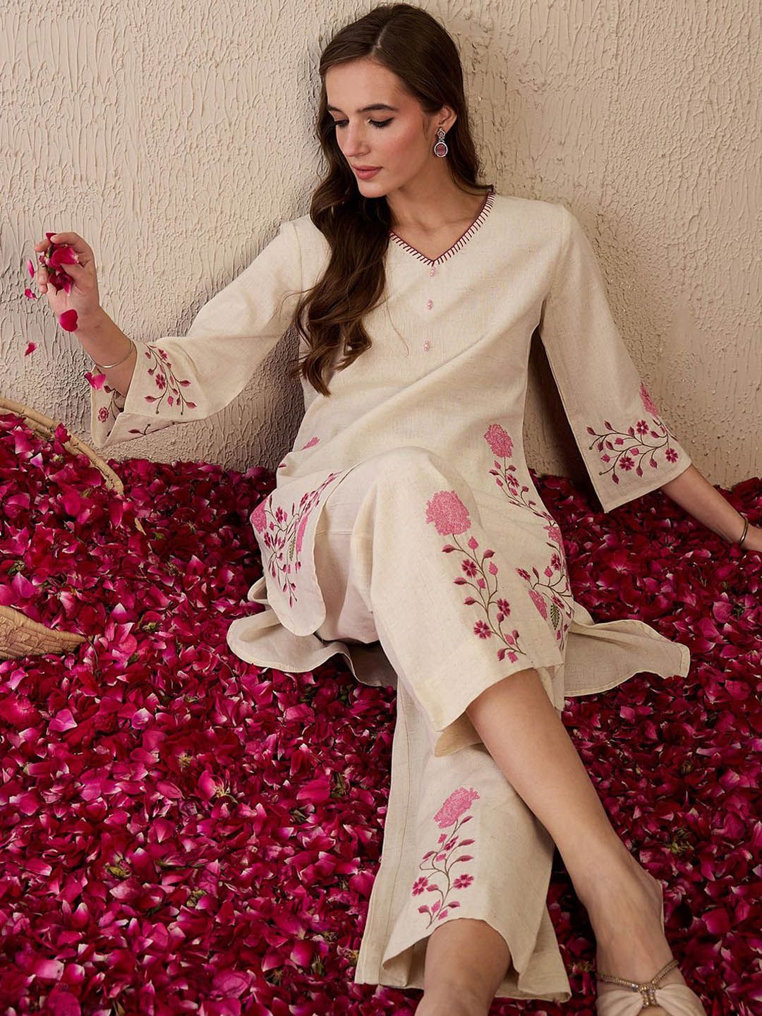 Indo Era Women Floral Embroidered Regular Thread Work Pure Cotton Kurta with Palazzos