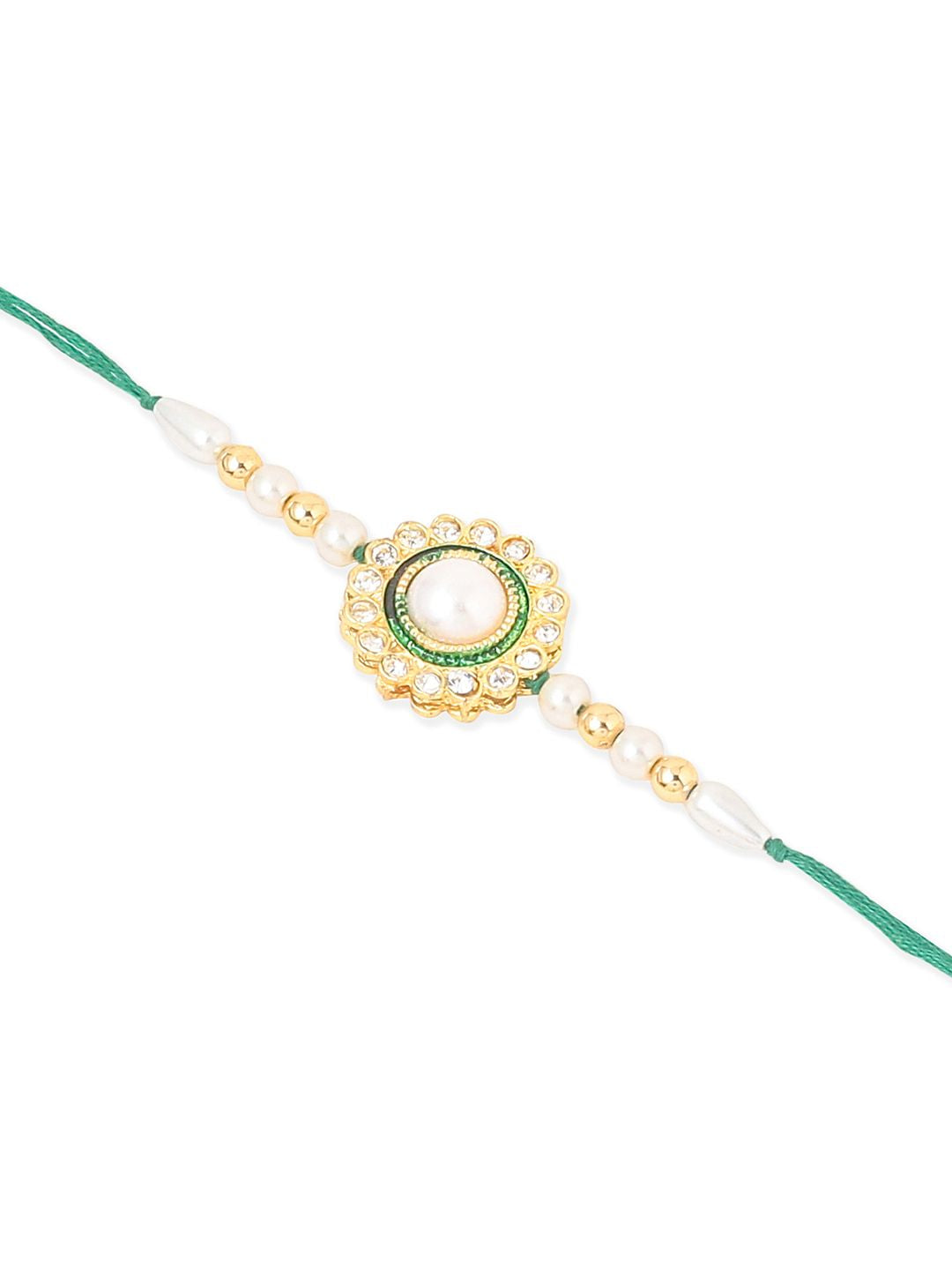 NVR Set of 2 White & Green Stone Studded Bhaiya Bhabhi Rakhi with Roli Chawal Chandan