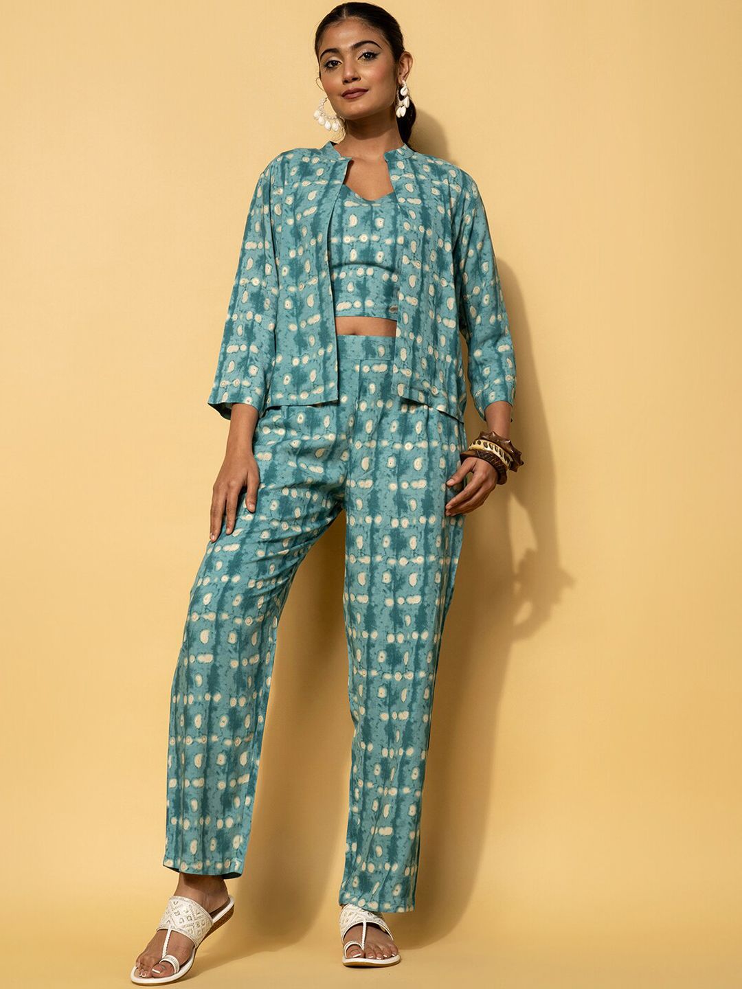 Libas 3 Pcs Printed Crop Top Palazzo With Jacket Co-Ords