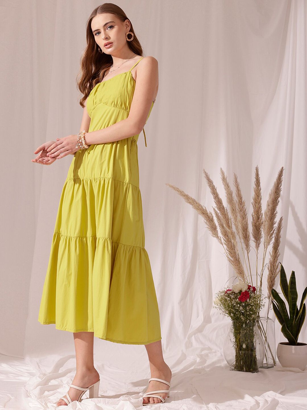 STREET 9 Shoulder Strap Pleated Pure Cotton A-Line Tiered Midi Dress