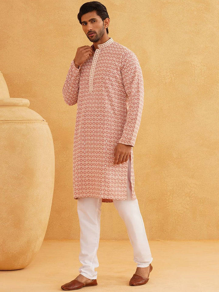 SOJANYA Geometric Embroidered Mandarin Collar Thread Work Pure Cotton Kurta With Churidar