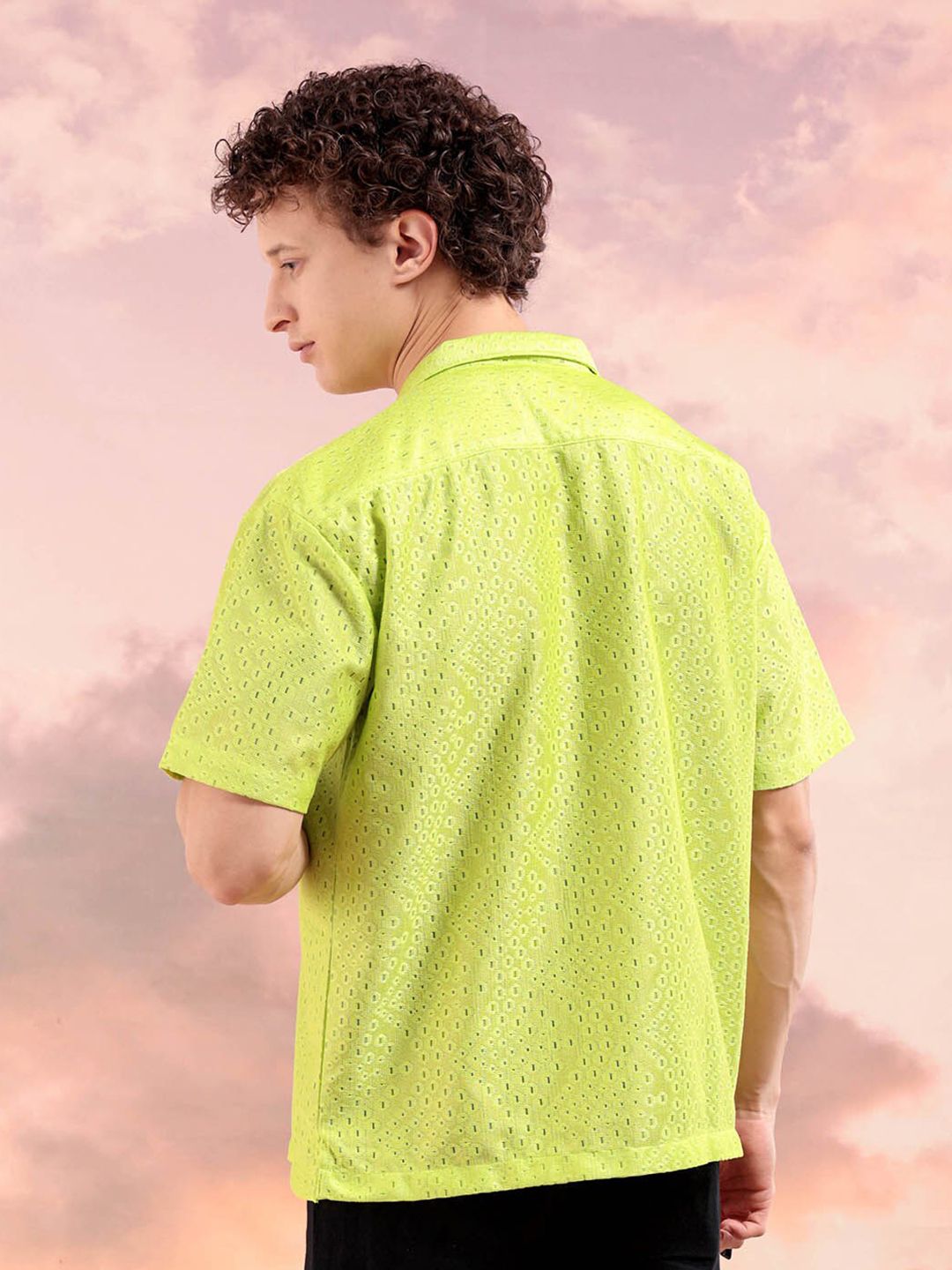 The Indian Garage Co Men Relaxed Fit Solid Warp Knit Lace Resortwear Shirt