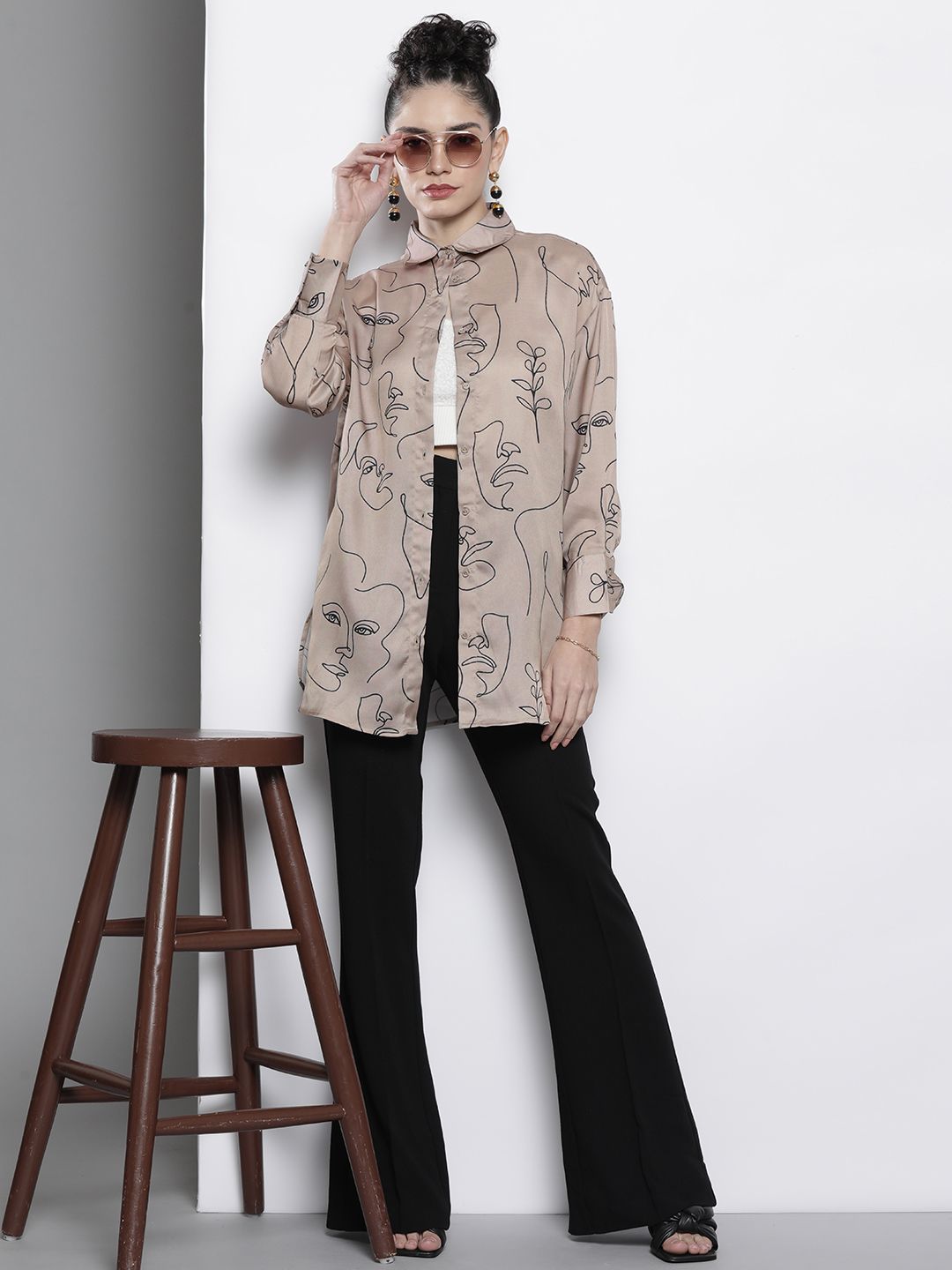 SASSAFRAS Women Champagne Comfort Line Art Printed Casual Shirt