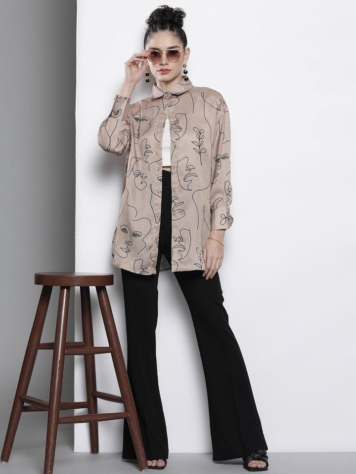 SASSAFRAS Women Champagne Comfort Line Art Printed Casual Shirt