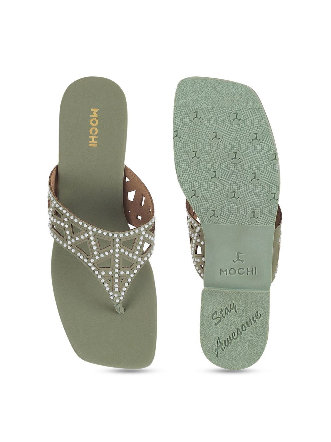 Mochi Embellished Open Toe Flats With Laser Cuts
