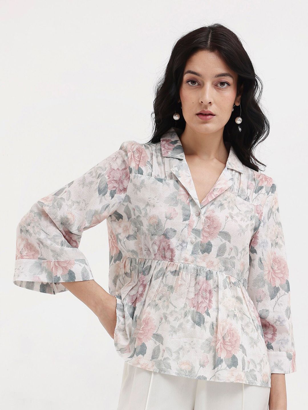 Rareism Floral Printed Cuba Collar Bell Cotton Top Cotton