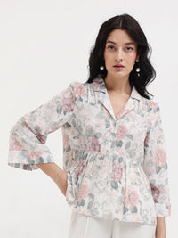 Rareism Floral Printed Cuba Collar Bell Cotton Top Cotton