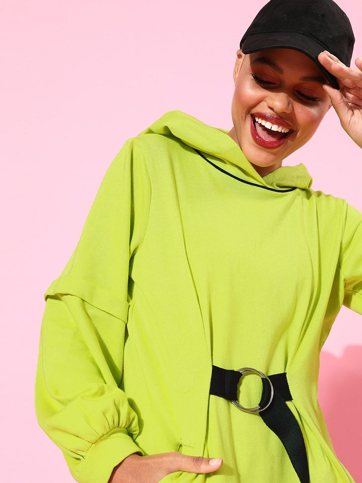 Athena Women Lime Green Hooded Sweatshirt with Belt Detail