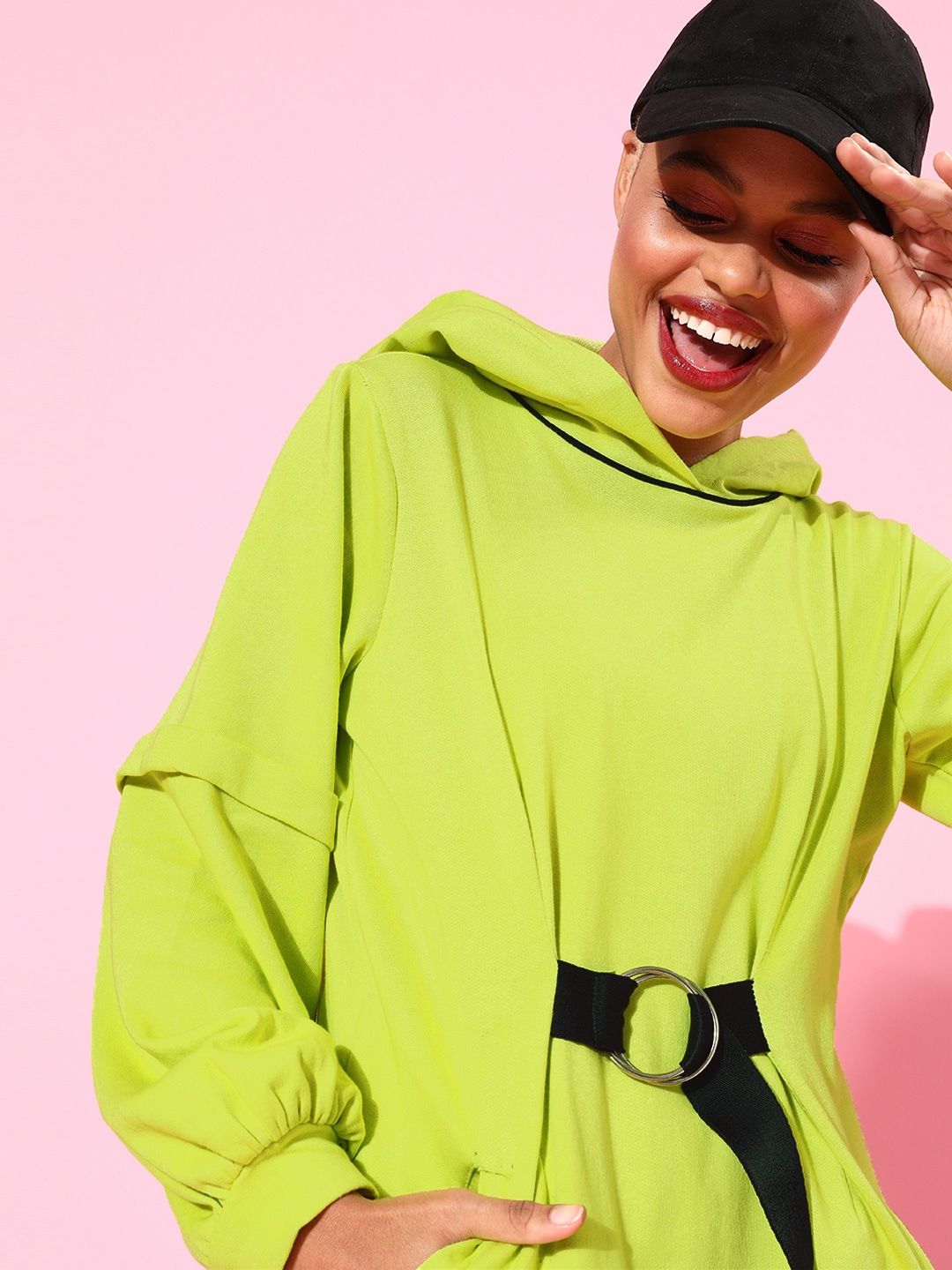 Athena Women Lime Green Hooded Sweatshirt with Belt Detail