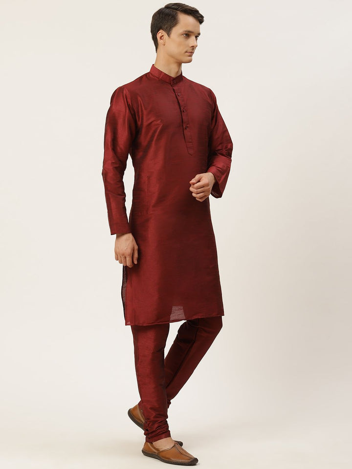 SOJANYA Men Maroon Layered Kurta with Churidar & Jacket
