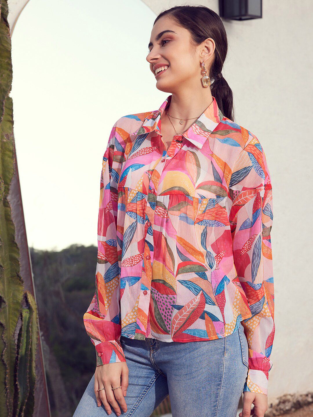 STREET 9 Women Pink & Yellow Comfort Floral Printed Casual Shirt
