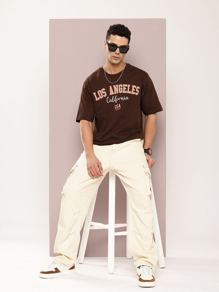DILLINGER Lelaki Typography Colourblocked Drop-Shoulder T-shirt Bersaiz Besar Kapas Tulen