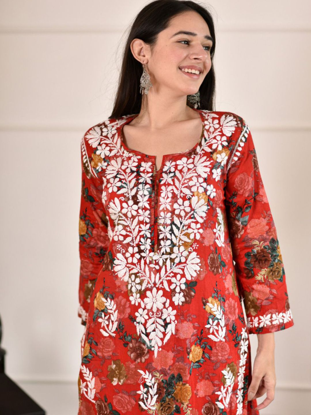 House of Chikankari Women Red Mulmul Chikankari Embroidered Kurta