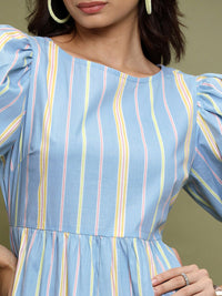Vishudh Striped Puff Sleeves Gathered Cotton A-Line Midi Dress