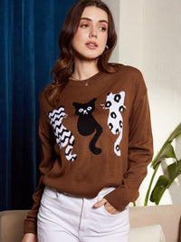 Berrylush Brown Graphic Self Design Acrylic Pullover Sweater