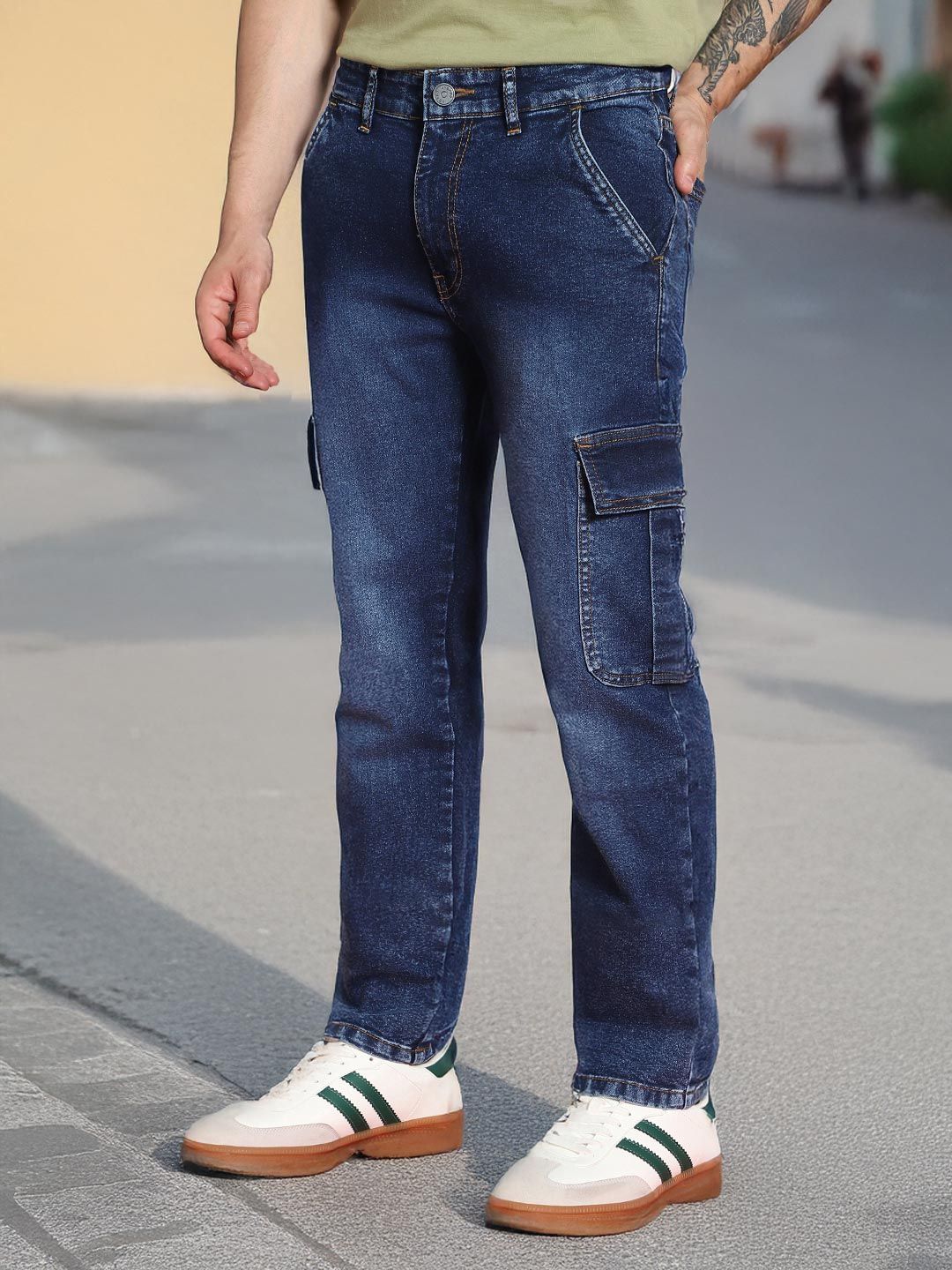 Urbano Fashion Men Dark Blue Regular Fit Washed Cargo Jeans With 6 Pockets Stretchable