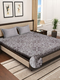 KLOTTHE Grey & White Printed 300TC Super King Fitted Bedsheet With 2 Pillow Covers