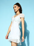 Berrylush Women White Self-Design Fluid Tie-Up Dress