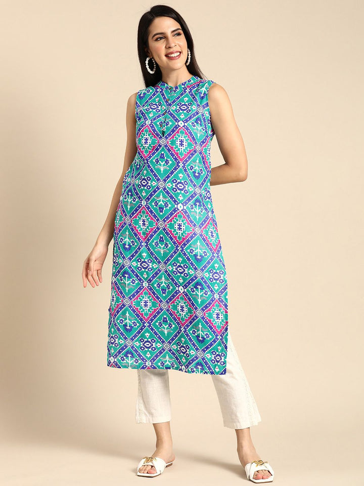 Anouk Women Geometric Print Band Collar Pure Cotton Straight Kurta