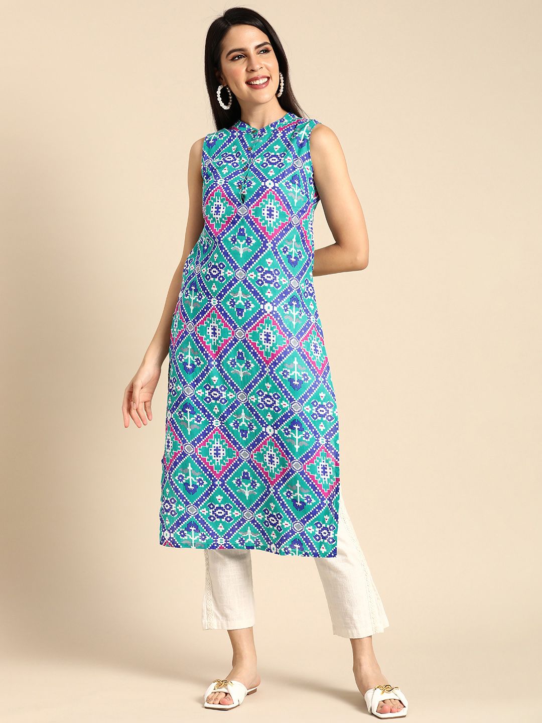 Anouk Women Geometric Print Band Collar Pure Cotton Straight Kurta