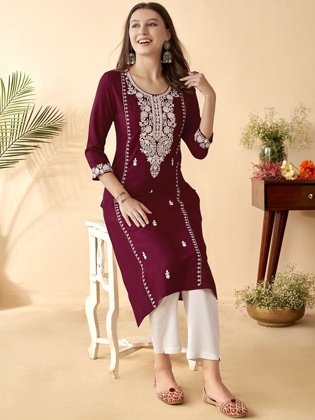 Anouk Maroon Ethnic Motifs Embroidered Round Neck Thread Work Straight Kurta