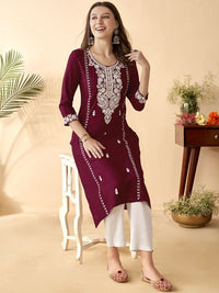 Anouk Maroon Ethnic Motifs Embroidered Round Neck Thread Work Straight Kurta
