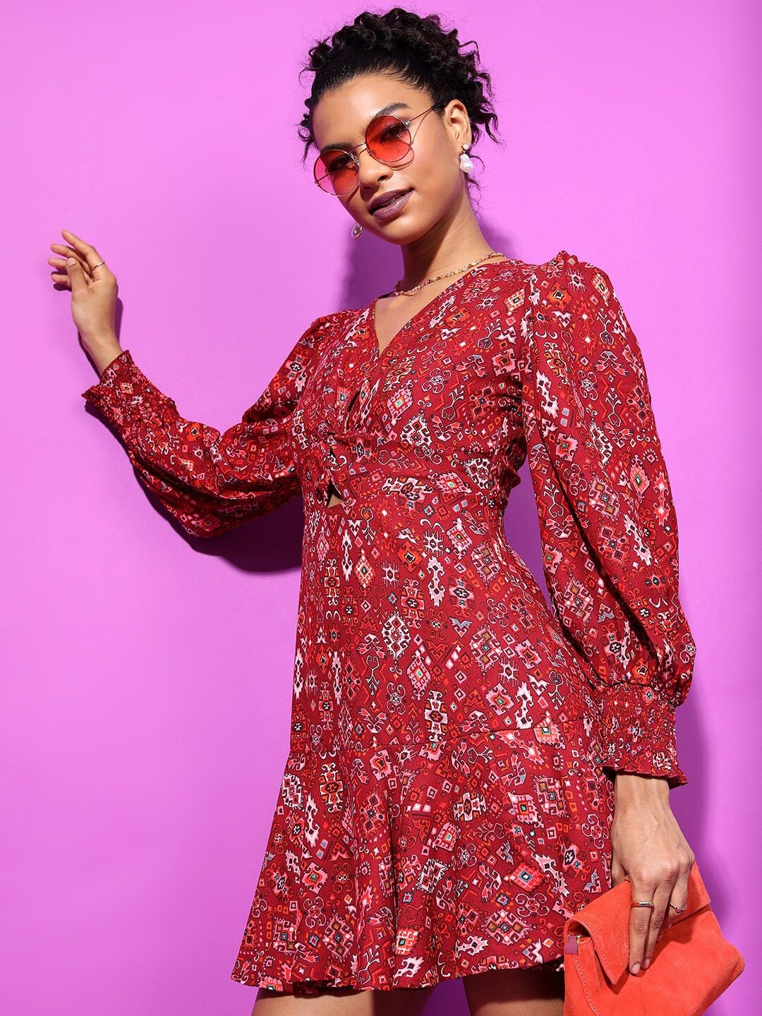 Tokyo Talkies V-Neck Ethnic Motifs Printed Cut Out Mini Fit & Flare Dress