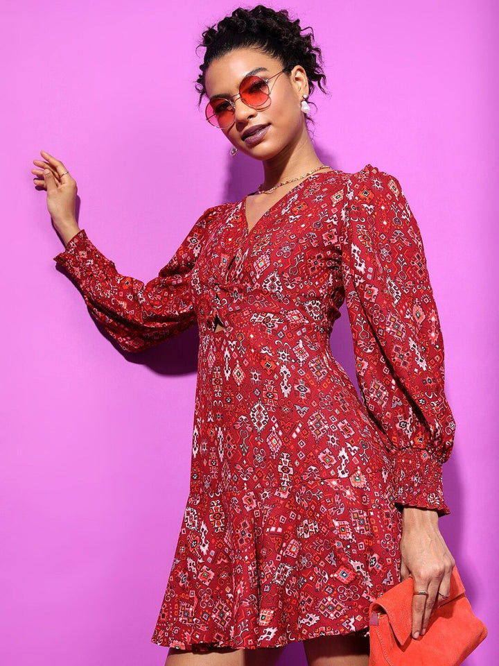 Tokyo Talkies V-Neck Ethnic Motifs Printed Cut Out Mini Fit & Flare Dress