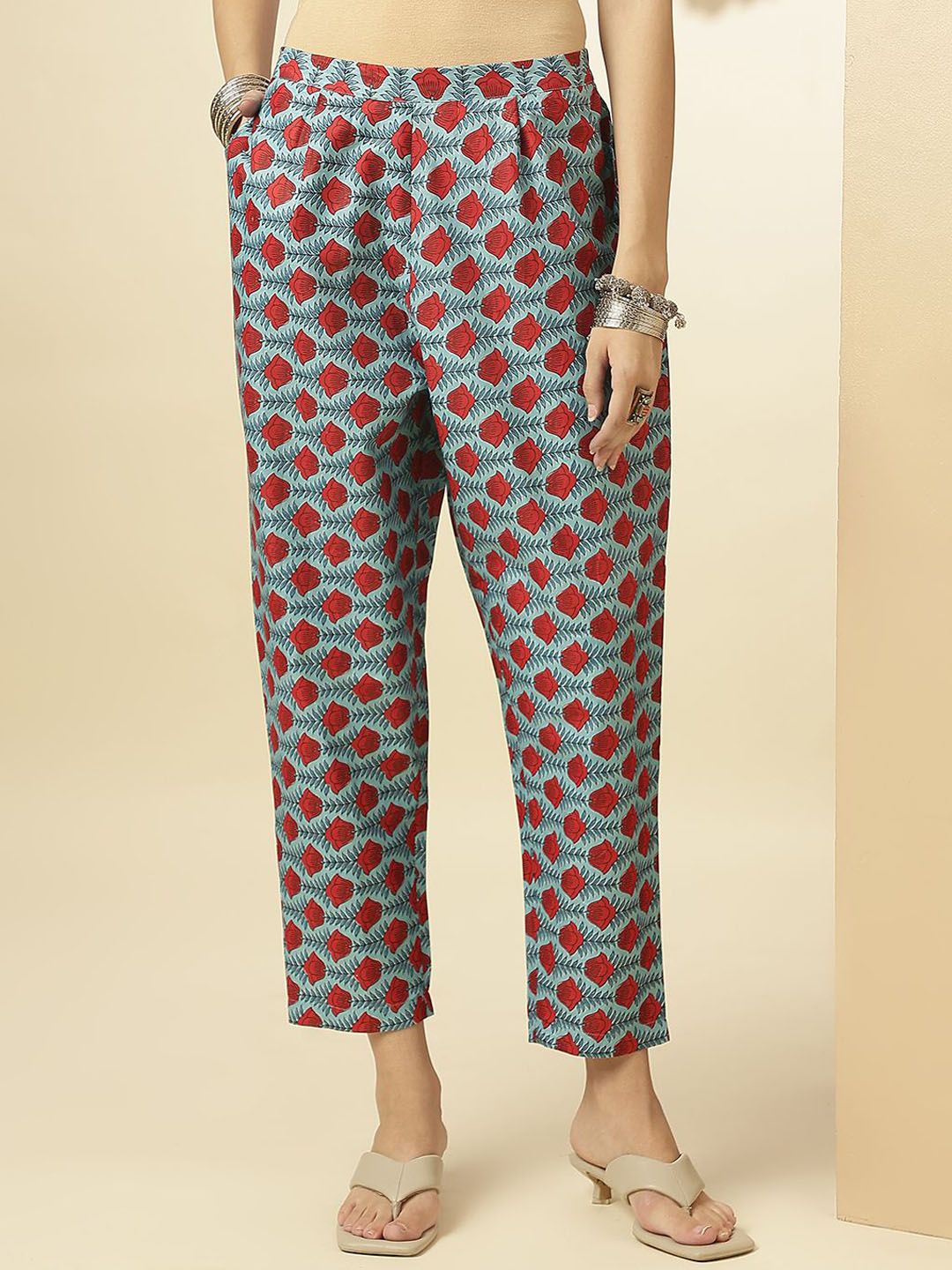 KALINI Ethnic Motifs Printed V-Neck Three-Quarter Sleeves Pure Cotton Tunic & Trousers