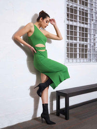 SASSAFRAS Ribbed One Shoulder Cut Out Detail Bodycon Midi Dress